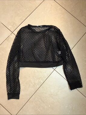 Black Cropped Fishnet Long-Sleeve Top